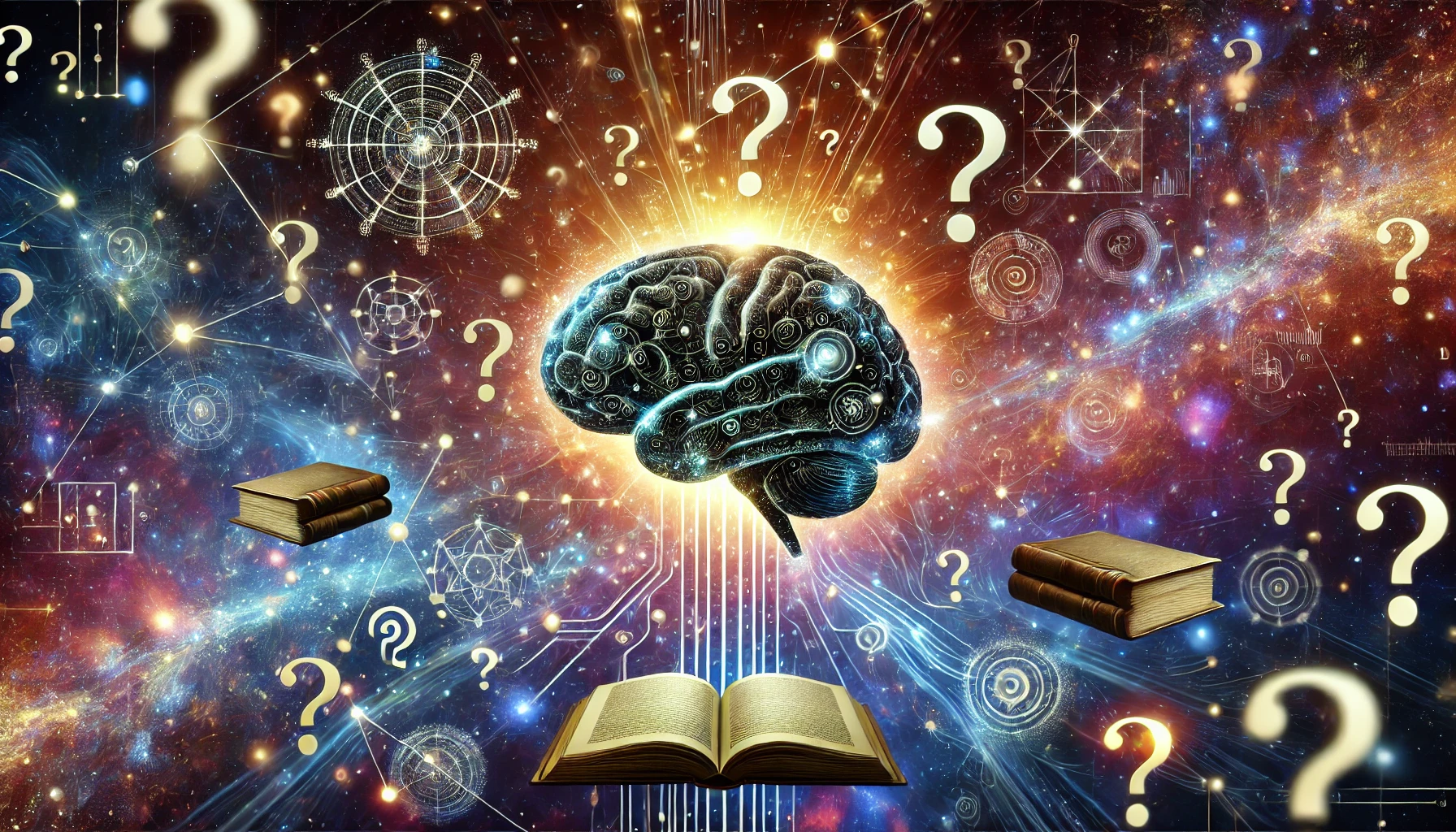 abstracte animatie van hersenen, vraagtekens en boeken in het heelal