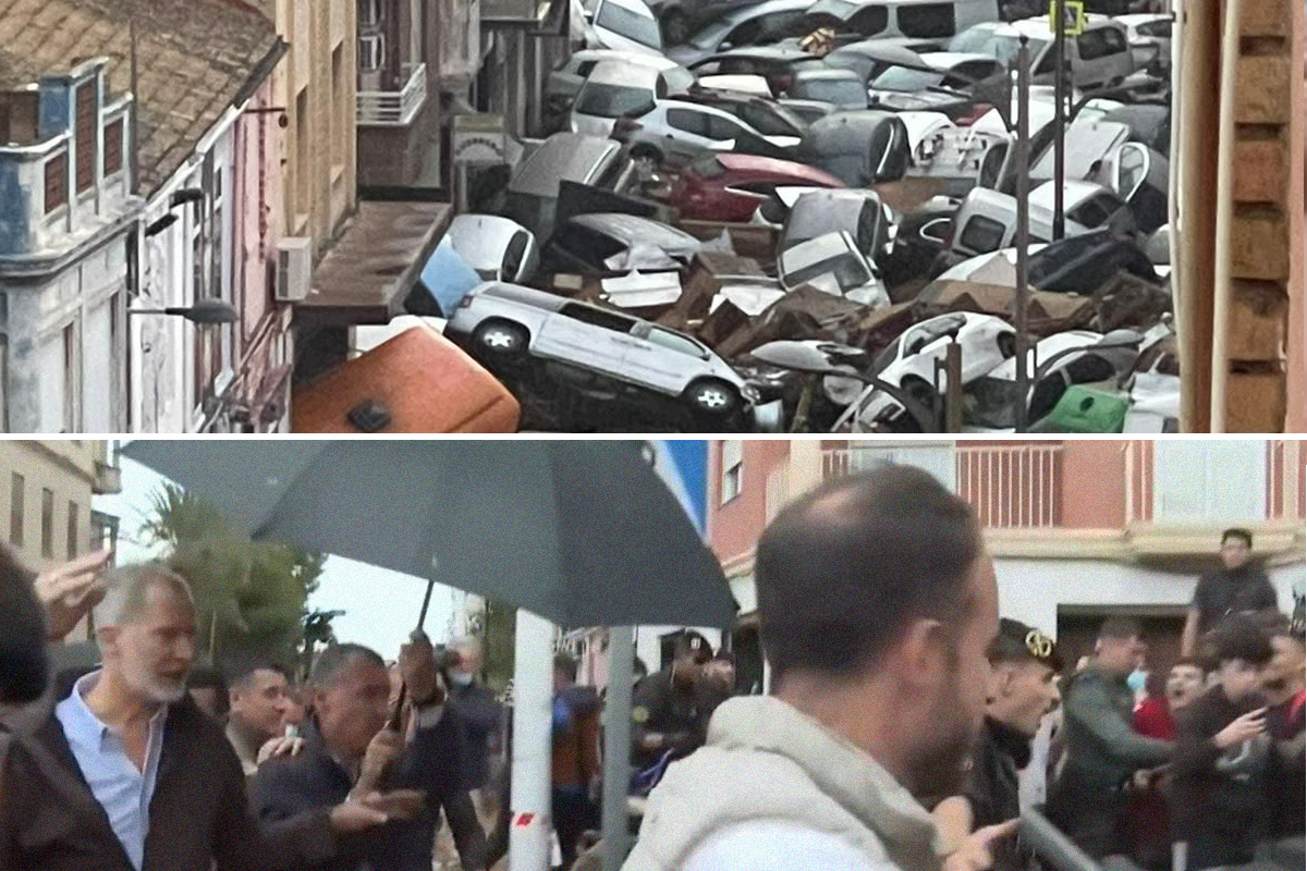 Twee afbeeldingen onder elkaar. Auto's die door de modder zijn meegesleurd. Een bezoek van de Spaanse koning Felipe aan een getroffen gebied.