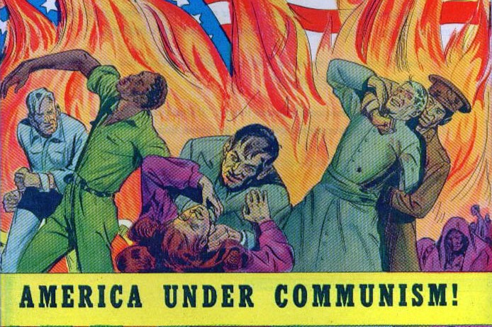 knipsel van de anticommunistische poster "Is this tomorrow - America under communism" met soldaten en vuur