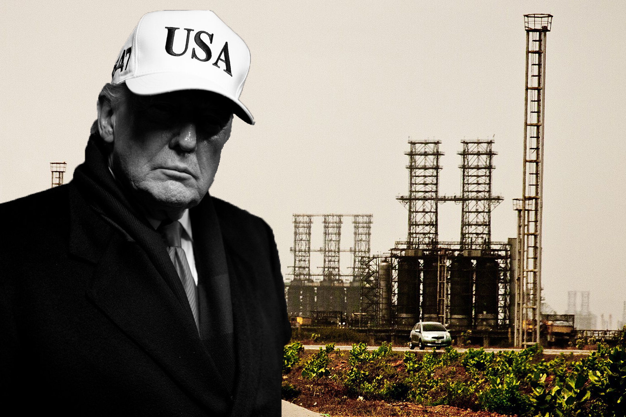 trump bij een olieraffinaderij