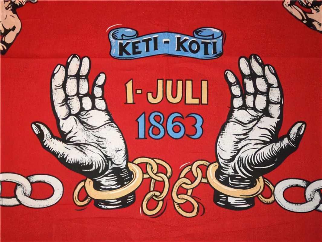 Tekening om Keti Koti te representeren met 1 juli 1863 erop geschreven. 1 juli 1863 is de datum waarop slavernij werd verboden in Suriname. Op de tekening zien we hoe de ketenen van een man worden verbroken en hij wordt bevrijd. 
