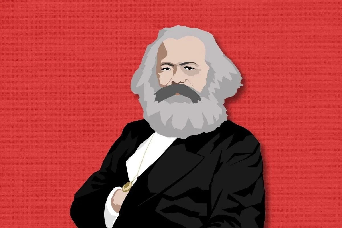 Tekening van Karl Marx, grondlegger van het Marxisme, de achtergrond is rood om socialisme en communisme te symboliseren.