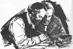 Een schets tekening van Friedrich Engels en Karl Marx, grondleggers en schrijvers van het Marxisme en het Communistisch Manifest. Ze zitten dicht bij elkaar en zijn bezig met schrijven en discussiëren, waarschijnlijk over wat marxisme en communisme is.